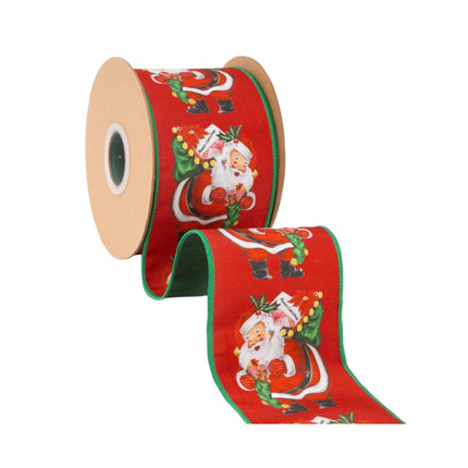 Festive vintage Santa wired ribbon, red background with retro Santa prints and solid green backing