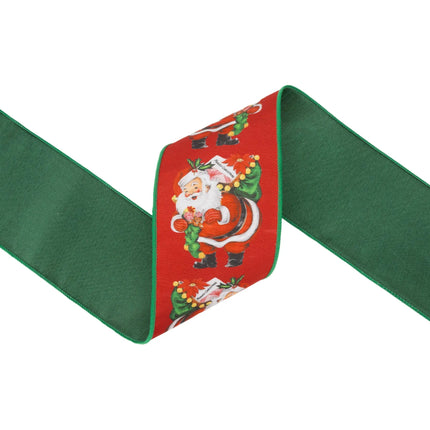 4" wired dupioni ribbon with retro Santa and sack print, vibrant red tone and green backing for wreaths