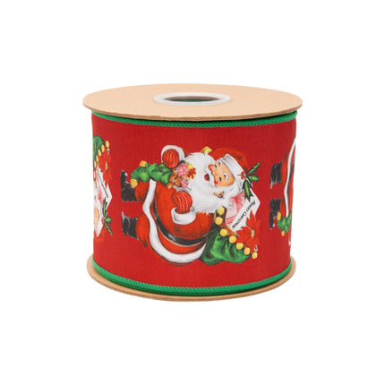 Red ribbon with vintage Santa carrying sack,  featuring classic Christmas motifs with green reverse
