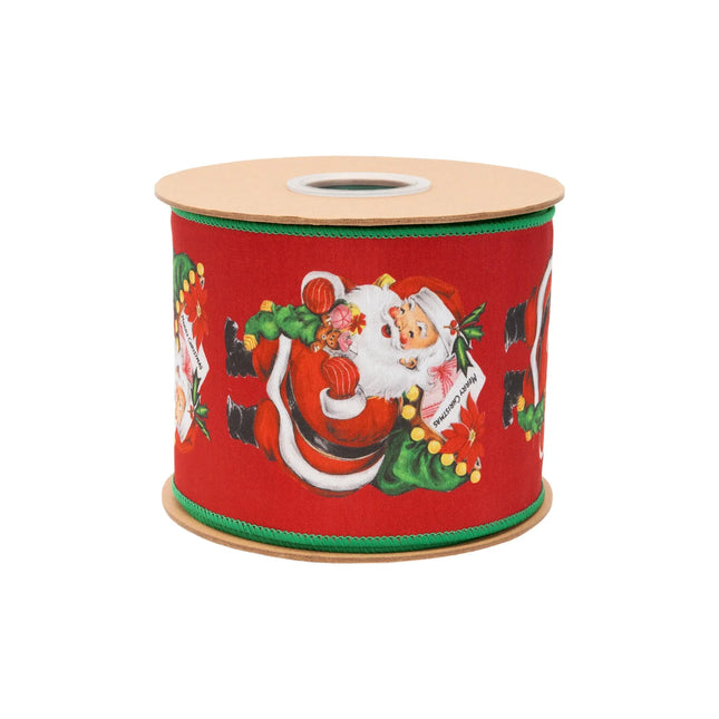 Red ribbon with vintage Santa carrying sack,  featuring classic Christmas motifs with green reverse