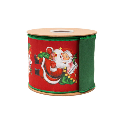 4" retro Santa dupioni ribbon, red base with jolly Santa designs and matching green backing