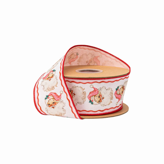 2 1/2" wired dupioni ribbon, retro pink Santa and wavy ribbon print on white with pink backing 