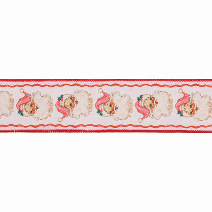 Whimsical pink Santa ribbon, dupioni fabric with vintage-style Santas and pink backing for charming Christmas crafts