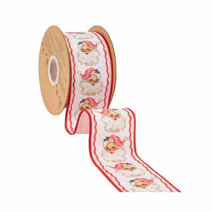 Festive vintage Santa wired ribbon, off-white background with pink Santas and red wavy trim, backed with solid pink fabric