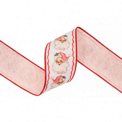 2 1/2" wired dupioni ribbon with retro pink Santa print, soft off-white tone, decorative red wavy borders and pink backing for wreaths