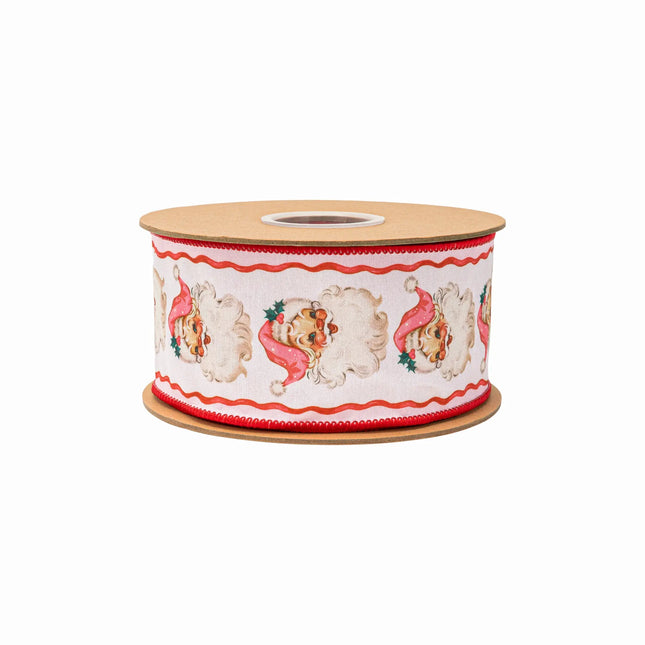 White wired ribbon with vintage pink Santa faces and red trim,featuring a playful wavy border with pink reverse