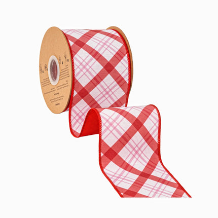 Modern pink‑red diagonal plaid wired ribbon,  white base with lattice pattern and solid red backing