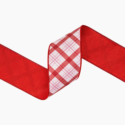4" wired dupioni ribbon with pink and red lattice plaid print, clean white background and red backing for wreaths