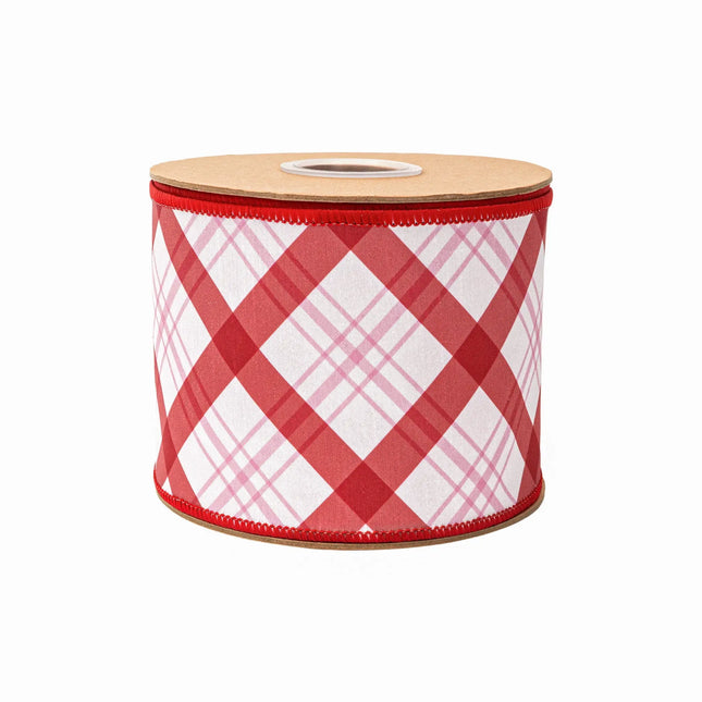 White wired ribbon with pinkâ€‘red diagonal plaid pattern, featuring classic lattice design with red reverse