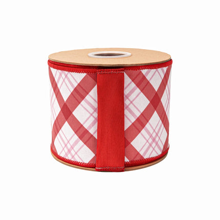 4" pink red lattice plaid dupioni ribbon, soft check print on white with matching red backing