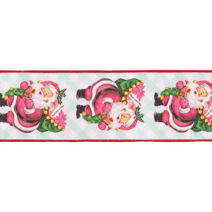 Cute mint gingham Santa ribbon, dupioni fabric with pink Santa illustrations and red backing