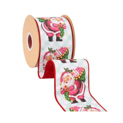 Whimsical vintage Santa wired ribbon, mint check background with pink Santa motifs and solid red backing