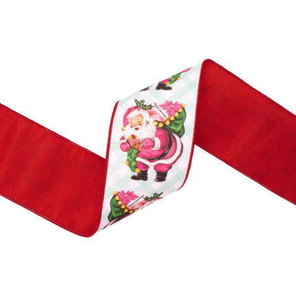 4" wired dupioni ribbon with retro pink Santa print, soft green check pattern and red backing for holiday wreaths
