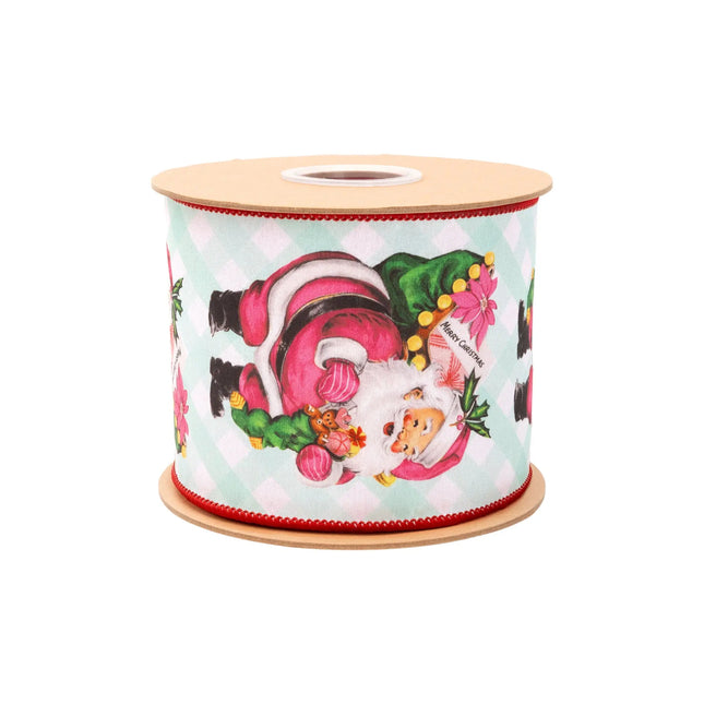 Mint green check wired ribbon, featuring nostalgic pink Santa carrying gift sack with red reverse