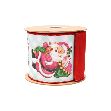 4" retro pink Santa dupioni ribbon, green gingham base with festive Santa print and matching red backing