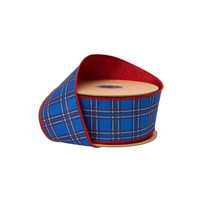2 1/2" wired dupioni ribbon, bold blueâ€‘red plaid pattern with red backing for classic seasonal decor