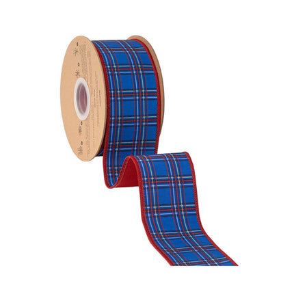 Traditional blue‑red check wired ribbon, deep blue base with multi‑tonal plaid and solid red backing