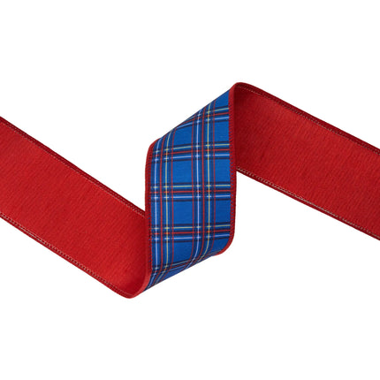 2 1/2"  wired dupioni ribbon with blue red plaid print, rich royal blue background and red backing for wreaths