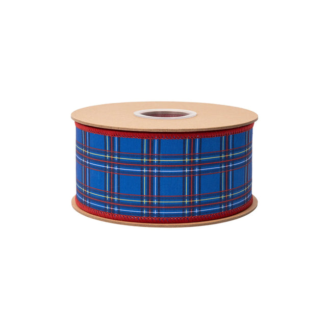 Royal blue plaid wired ribbon, featuring red, yellow and white check lines with red reverse