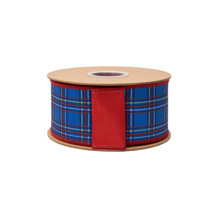 2 1/2" blue and red tartan dupioni ribbon, wired edge, vibrant plaid design with matching red backing