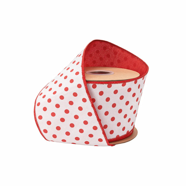 4" wired dupioni ribbon, bright red polka dots on white with red backing for playful holiday decor