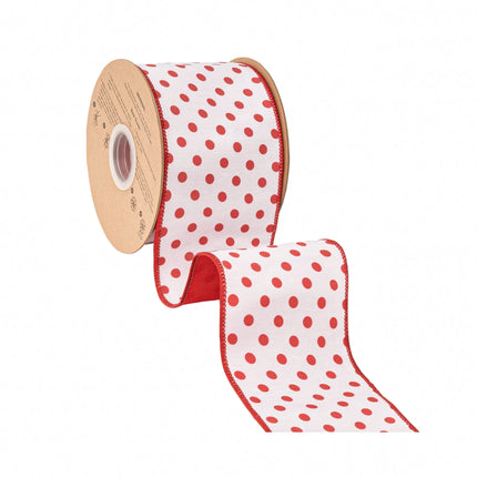 Retro‑style red dotted wired ribbon, white background with uniform polka dots and solid red backing