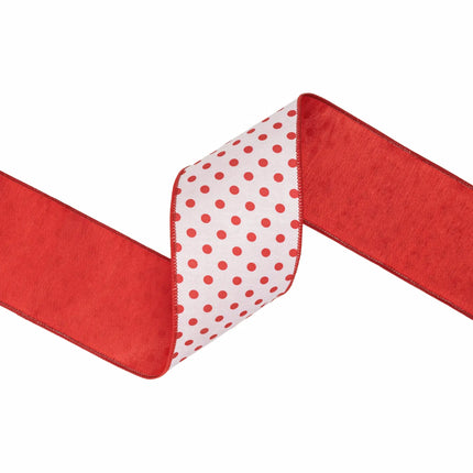 4" wired dupioni ribbon with red polka dot print, clean white surface and red backing for wreath making
