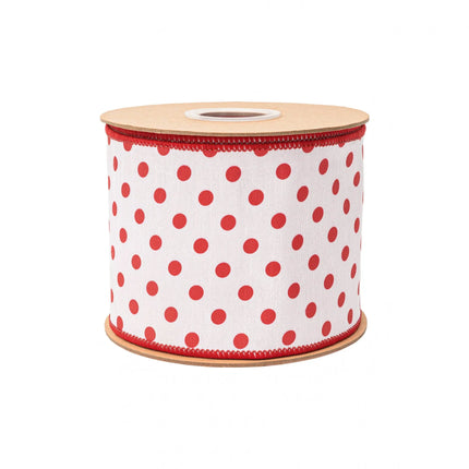 White wired ribbon with bold red polka dot pattern, with matching red reverse side
