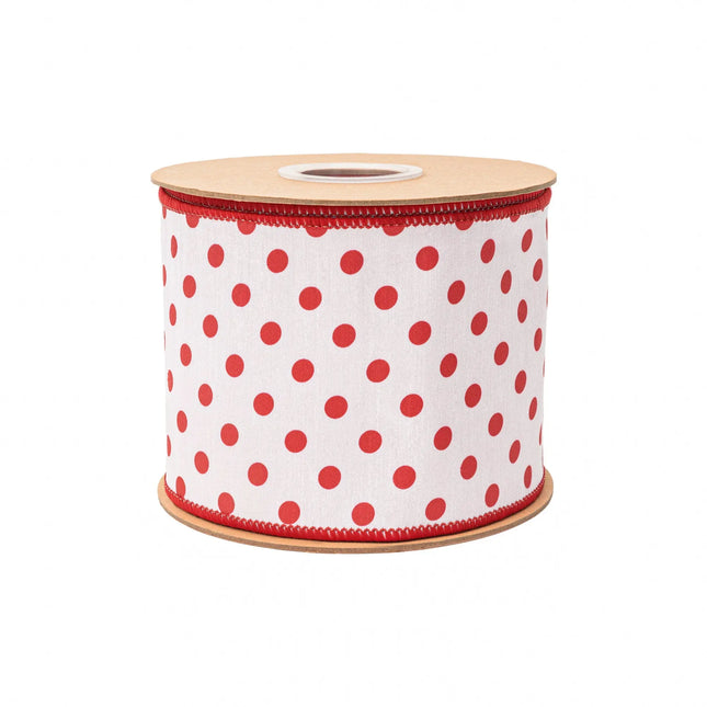 White wired ribbon with bold red polka dot pattern, with matching red reverse side