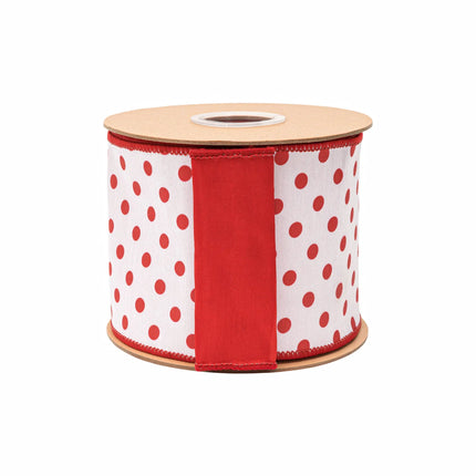 4" red polka dot dupioni ribbon, wired edge, classic dot design on white base with red backing