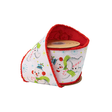 4" Wired Dupioni Ribbon | Retro Snowman on White w/ Pom Pom Edge w/ White Backing | 10 Yard Roll