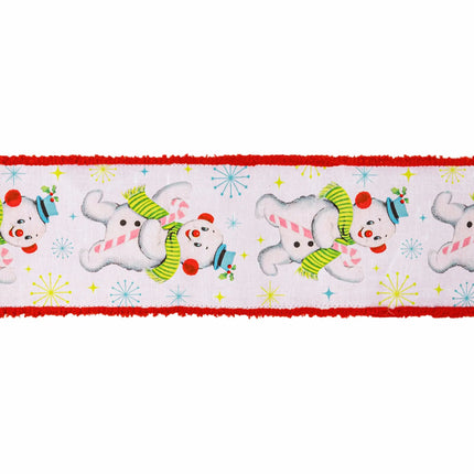 4" Wired Dupioni Ribbon | Retro Snowman on White w/ Pom Pom Edge w/ White Backing | 10 Yard Roll