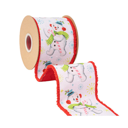 4" Wired Dupioni Ribbon | Retro Snowman on White w/ Pom Pom Edge w/ White Backing | 10 Yard Roll