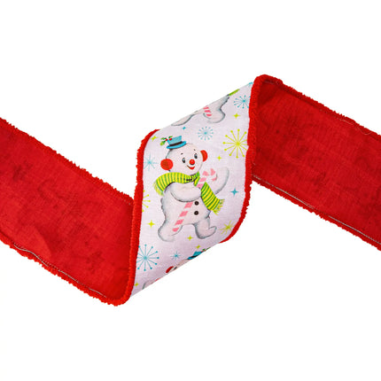 4" Wired Dupioni Ribbon | Retro Snowman on White w/ Pom Pom Edge w/ White Backing | 10 Yard Roll