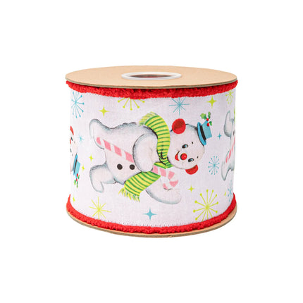 4" Wired Dupioni Ribbon | Retro Snowman on White w/ Pom Pom Edge w/ White Backing | 10 Yard Roll