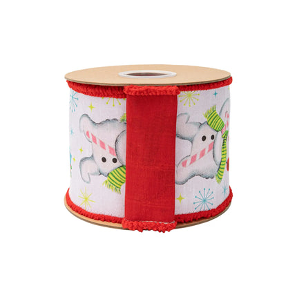 4" Wired Dupioni Ribbon | Retro Snowman on White w/ Pom Pom Edge w/ White Backing | 10 Yard Roll