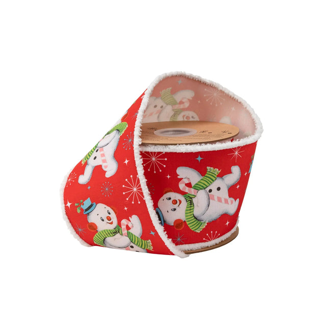 4" wired dupioni ribbon, retro snowman print on red with pomâ€‘pom edge and white backing