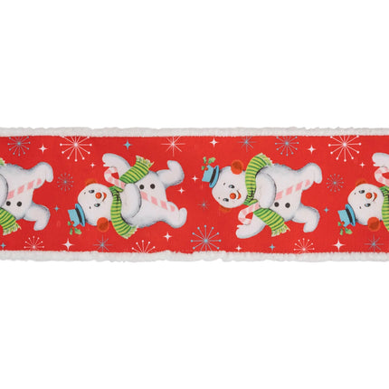 Festive vintage snowman wired ribbon,red background with cheerful snowman motifs, pom‑pom edge and solid white backing