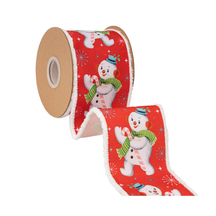wired dupioni ribbon with retro snowman print, vivid red tone, soft pom‑pom trim and white backing for holiday wreaths