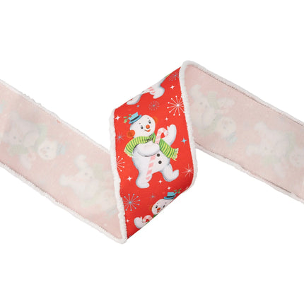 Charming red snowman ribbon, dupioni fabric with fuzzy pom‑pom edges and white backing