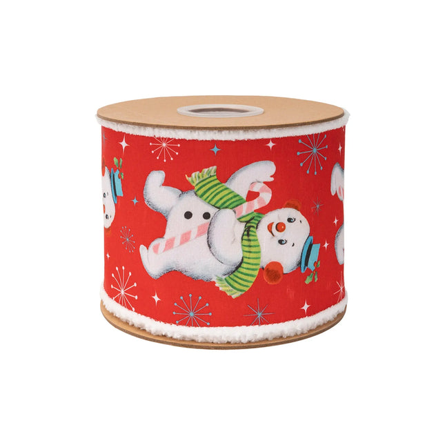 snowman wired ribbon, featuring cute retro snowmen, snowflake accents, fuzzy pomâ€‘pom trim and white reverse