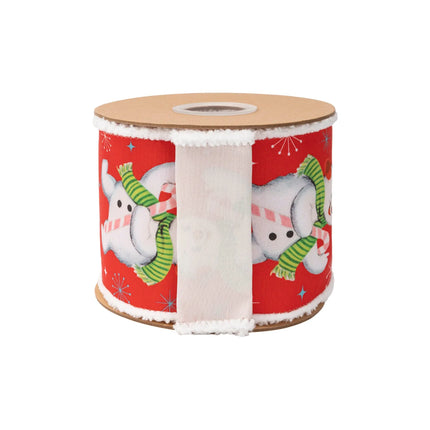 4" retro snowman dupioni ribbon, bright red base with snowman designs, pom‑pom border and matching white backing