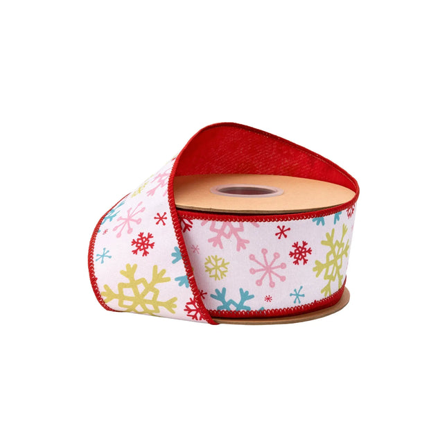 2 1/2" wired dupioni ribbon, multiâ€‘colored snowflake print on white with red backing for holiday decor