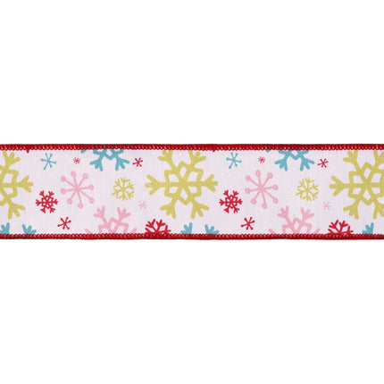 Cheerful colorful snowflake ribbon, dupioni fabric with red backing for gift wrapping and seasonal crafts