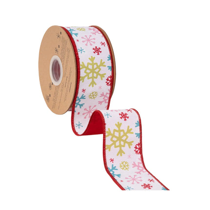 Festive pastel snowflake wired ribbon,  clean white background with assorted snowflakes and solid red backing