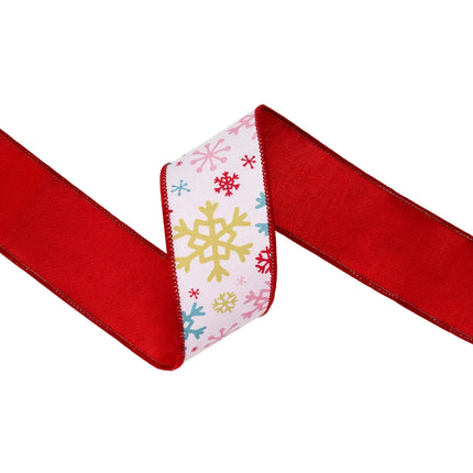 wired dupioni ribbon with multi‑colored snowflake print, soft white surface and red backing for wreath making