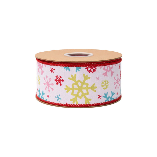 White wired ribbon with colorful snowflake patterns, featuring pink, red, green and blue snowflakes with red reverse