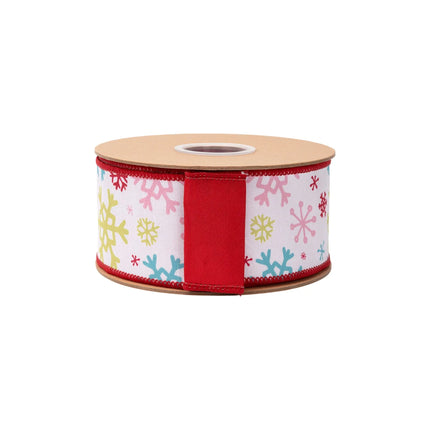 2 1/2" multi‑color snowflake dupioni ribbon, vibrant snowflake design on white base with red backing