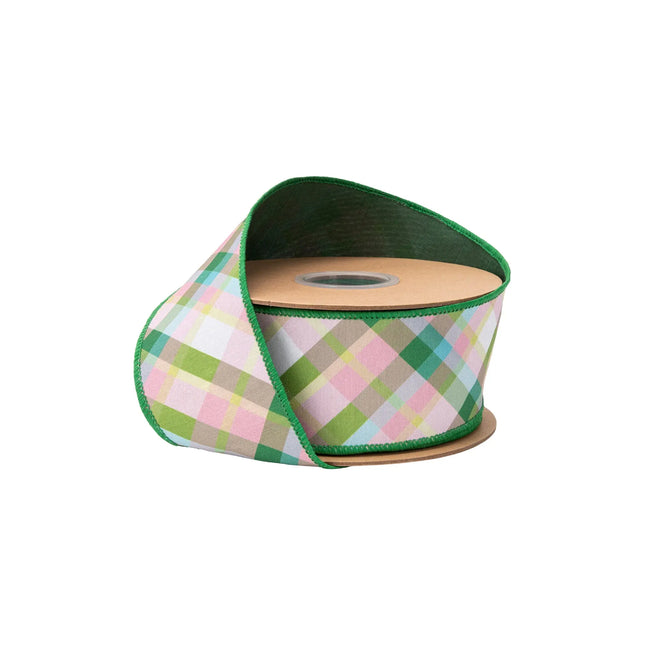 2 1/2" wired dupioni ribbon, pink and green bias plaid pattern with green backing for fresh seasonal decor