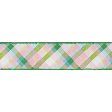 Cute spring‑themed plaid ribbon,  dupioni fabric with green backing for gift wrapping and craft projects
